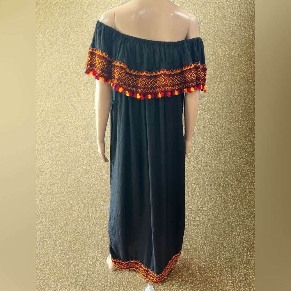 Hand crafted Off-Shoulder Black Maxi kaftan Dress with Orange Accents-L - Picture 7 of 7